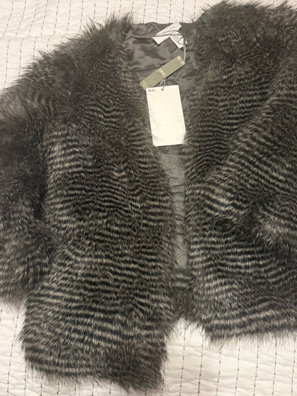 Mango Faux Fur Coat in Black and Gray Stripe